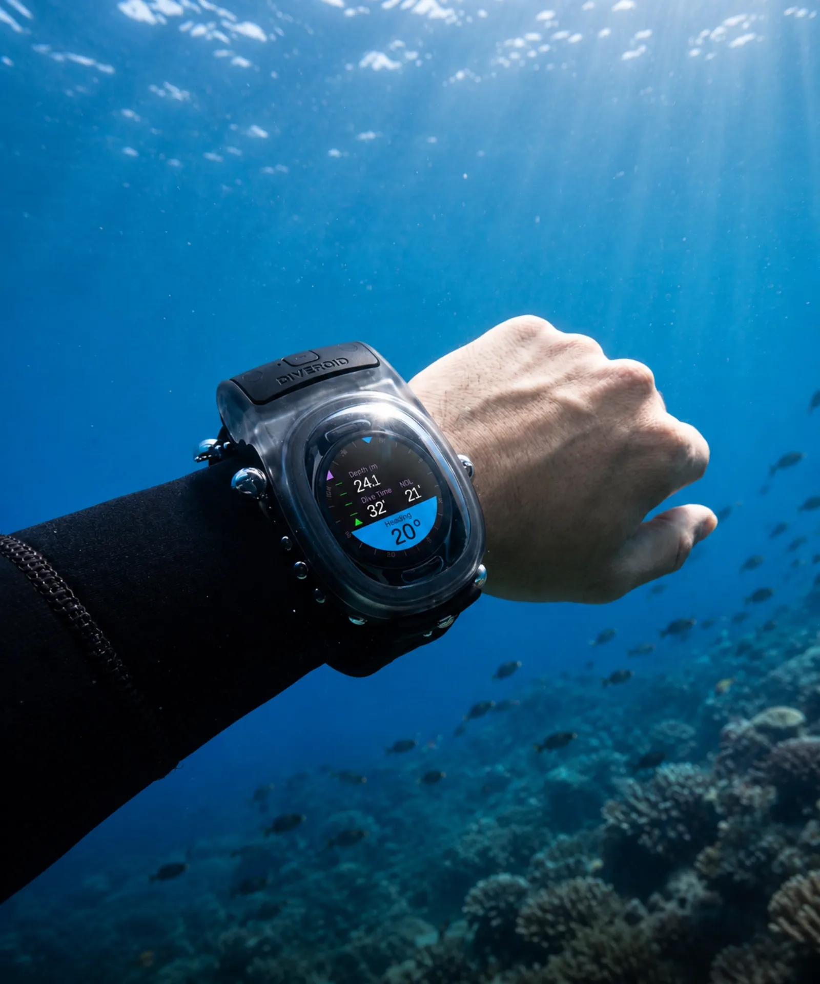 WatchDive housing worn on a diver’s wrist underwater.